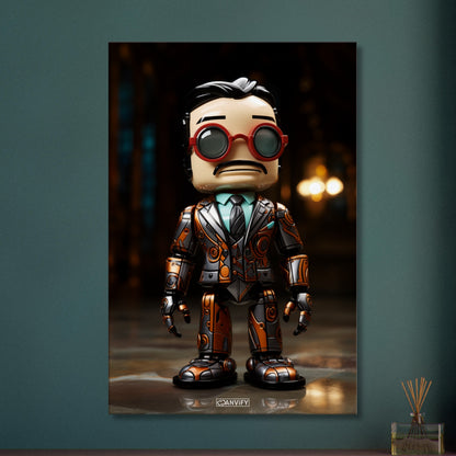Verrückter Chibi Professor mit einem Exoskelett auf einer Leinwand