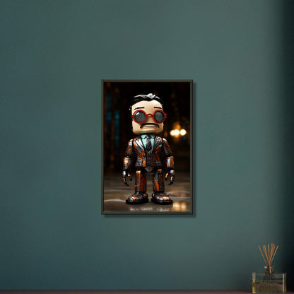 Verrückter Chibi Professor mit einem Exoskelett auf einem Poster im Metallrahmen