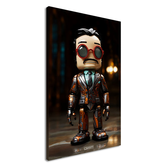 Verrückter Chibi Professor mit einem Exoskelett auf einer Leinwand