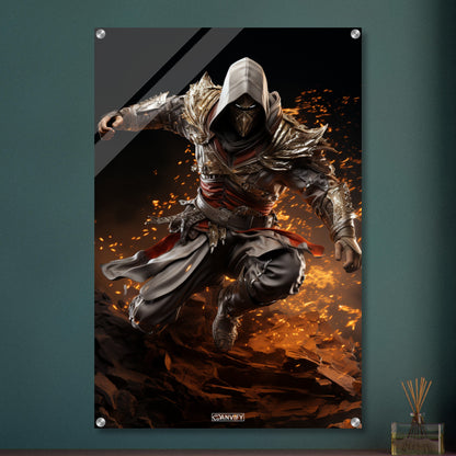 Assassine aus Assassin's Creed mit einer Feuerfähigkeit auf einem Acrylbild