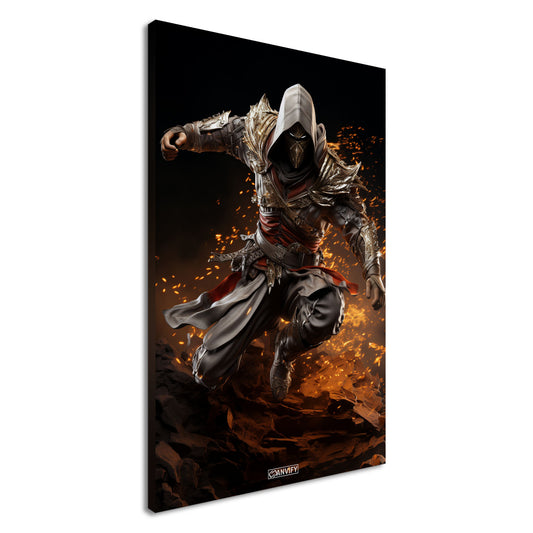 Assassine aus Assassin's Creed mit einer Feuerfähigkeit auf einer Leinwand