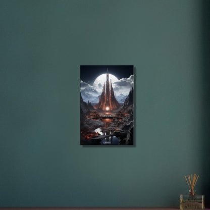 Futuristische Stadt auf fremden Planeten aus Quanten und einem weißen Mond im Hintergrund auf einer Leinwand