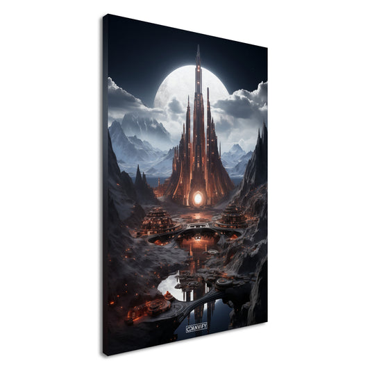 Futuristische Stadt auf fremden Planeten aus Quanten und einem weißen Mond im Hintergrund auf einer Leinwand