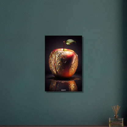Roter Apfel mit goldenen Akzenten auf Aluminium