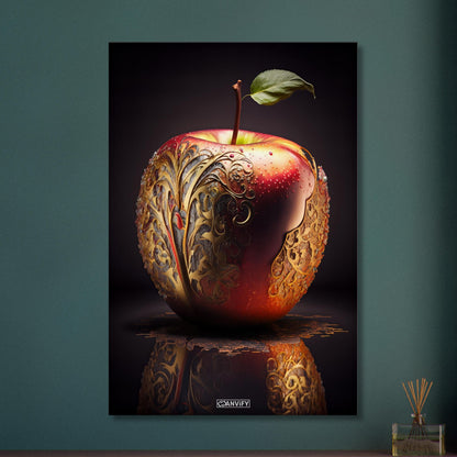 Roter Apfel mit goldenen Akzenten auf einer Leinwand