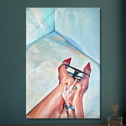 Sexy Frauenbeine mit Unterwäsche und roten High Heels auf einem Acrylbild