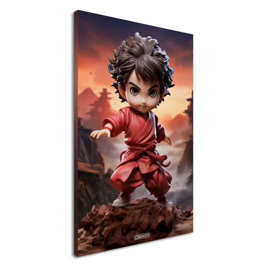 Chibi Karate-Junge mit rotem Gürtel und rotem Anzug auf einer Leinwand