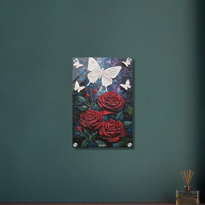 Rote Rosen und weiße Schmetterlinge im Impasto-Stil auf einem Acrylbild