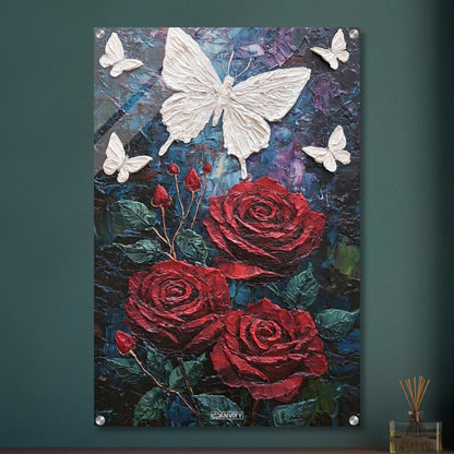 Rote Rosen und weiße Schmetterlinge im Impasto-Stil auf einem Acrylbild