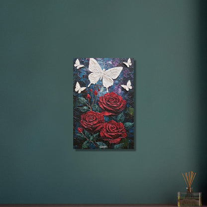 Rote Rosen und weiße Schmetterlinge im Impasto-Stil auf Aluminium