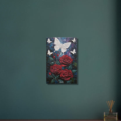 Rote Rosen und weiße Schmetterlinge im Impasto-Stil auf einer Leinwand