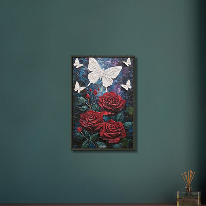 Rote Rosen und weiße Schmetterlinge im Impasto-Stil auf einem Poster im Metallrahmen
