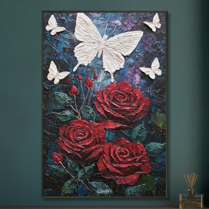 Rote Rosen und weiße Schmetterlinge im Impasto-Stil auf einem Poster im Metallrahmen