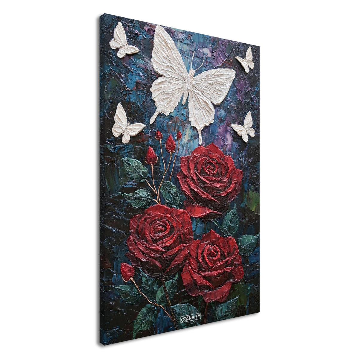 Rote Rosen und weiße Schmetterlinge im Impasto-Stil auf einer Leinwand