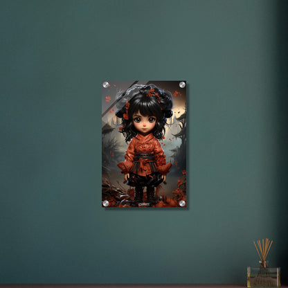 Chibi Samurai-Mädchen mit schwarzem Gürtel und rotem Anzug auf einem Acrylbild