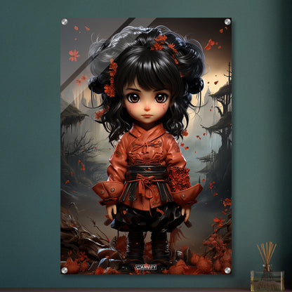 Chibi Samurai-Mädchen mit schwarzem Gürtel und rotem Anzug auf einem Acrylbild