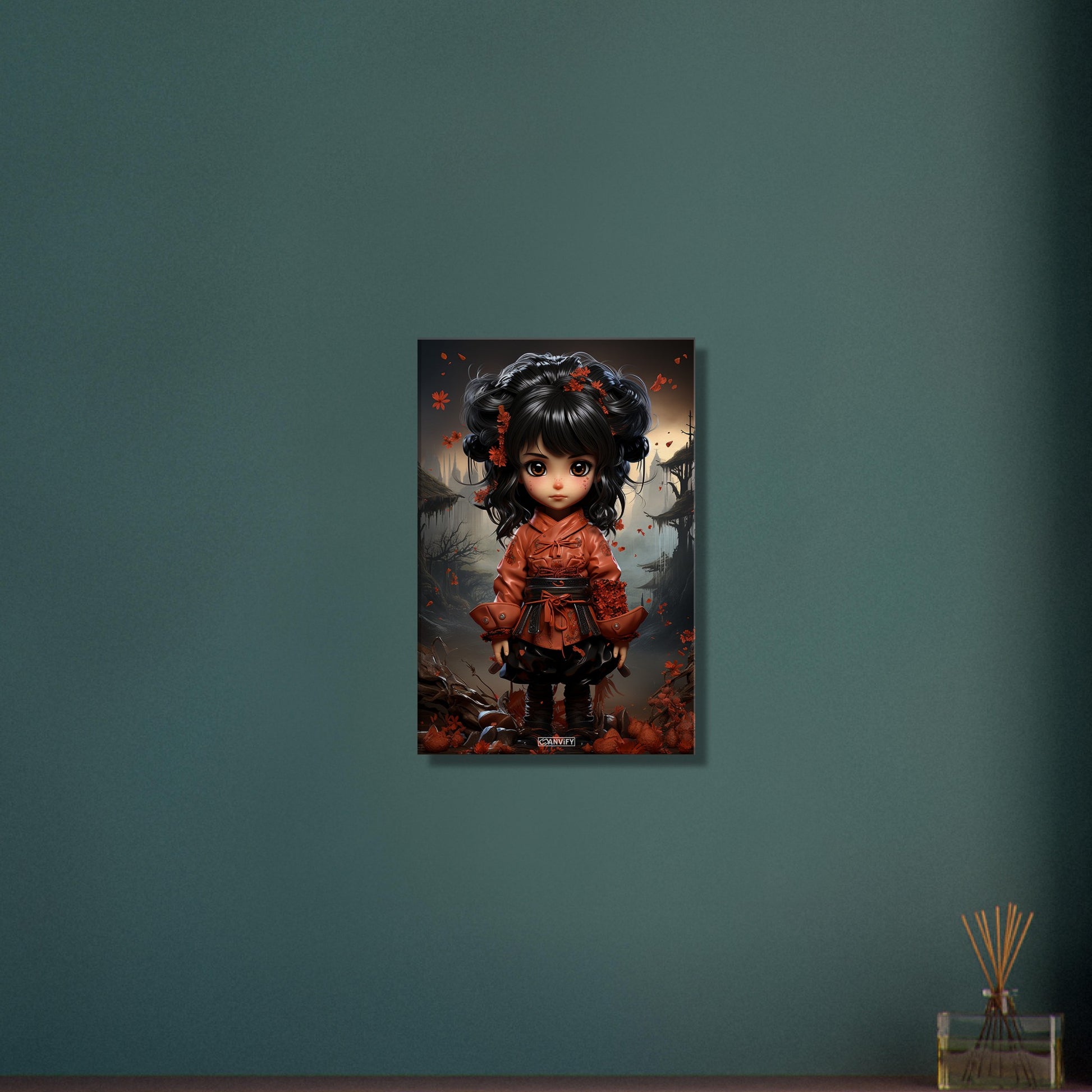 Chibi Samurai-Mädchen mit schwarzem Gürtel und rotem Anzug auf einer Leinwand