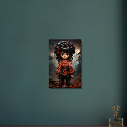 Chibi Samurai-Mädchen mit schwarzem Gürtel und rotem Anzug auf einer Leinwand