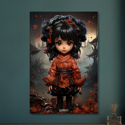Chibi Samurai-Mädchen mit schwarzem Gürtel und rotem Anzug auf einer Leinwand