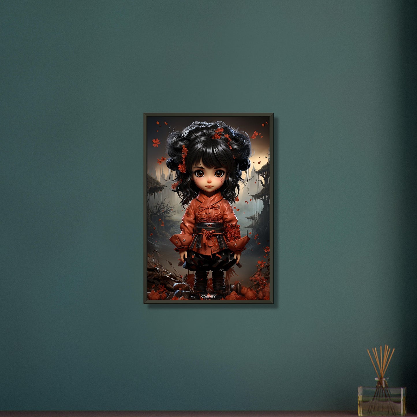 Chibi Samurai-Mädchen mit schwarzem Gürtel und rotem Anzug auf einem Poster im Metallrahmen
