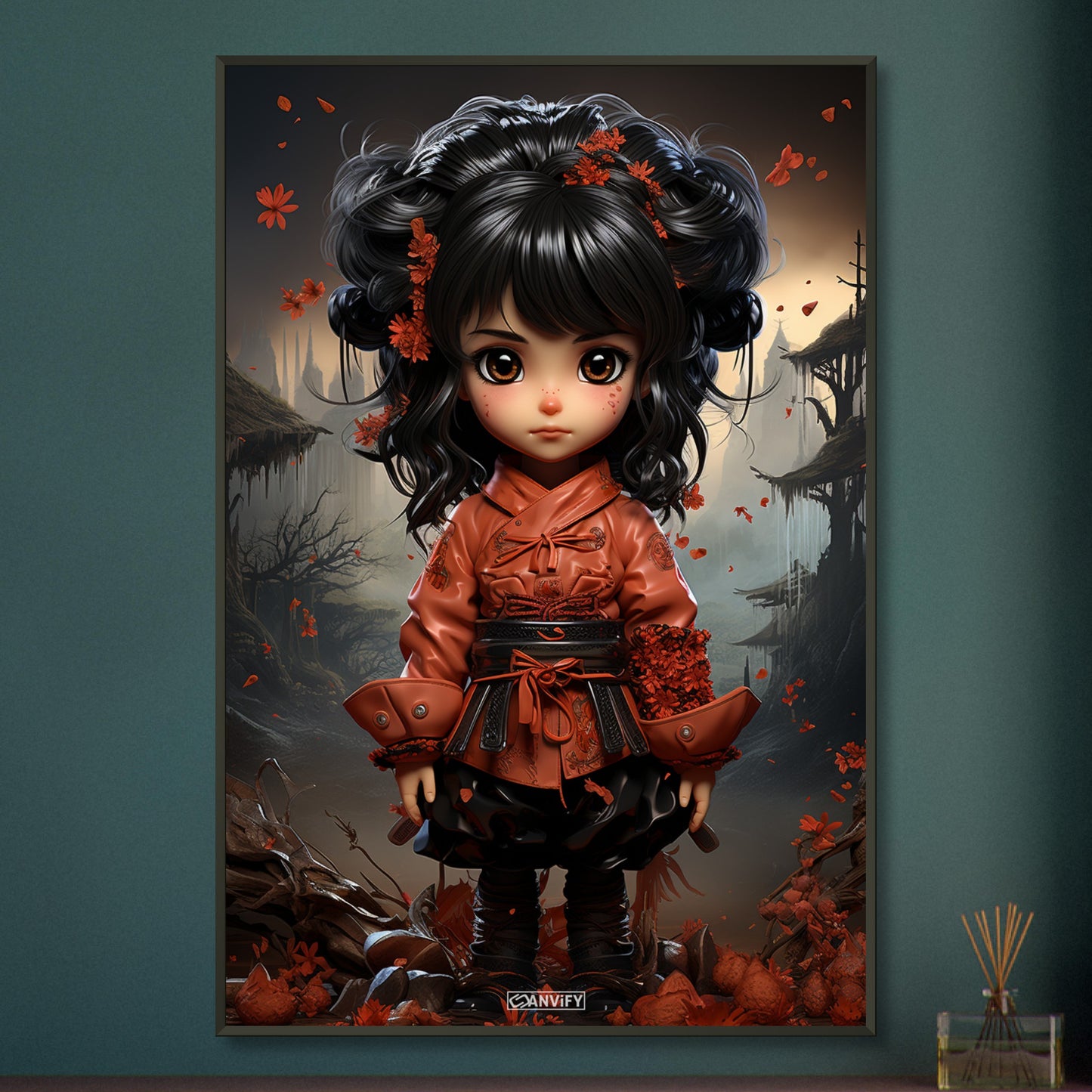 Chibi Samurai-Mädchen mit schwarzem Gürtel und rotem Anzug auf einem Poster im Metallrahmen
