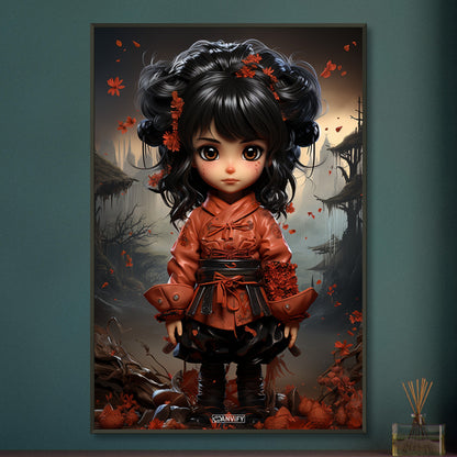 Chibi Samurai-Mädchen mit schwarzem Gürtel und rotem Anzug auf einem Poster im Metallrahmen