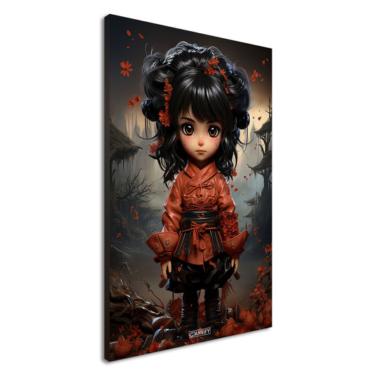 Chibi Samurai-Mädchen mit schwarzem Gürtel und rotem Anzug auf einer Leinwand