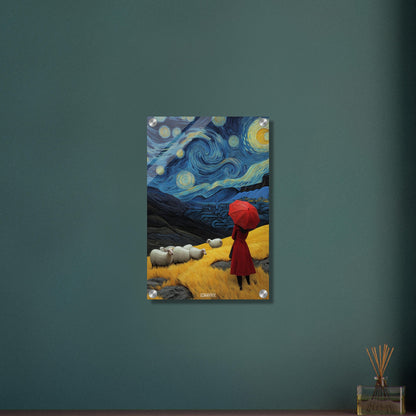 Frau mit rotem Regenschirm im Stil von Vincent van Gogh auf einem Acrylbild