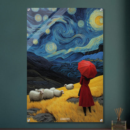 Frau mit rotem Regenschirm im Stil von Vincent van Gogh auf einem Acrylbild