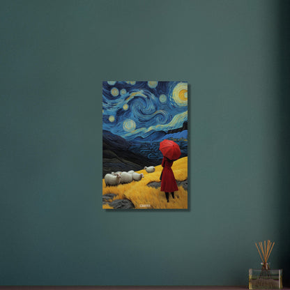 Frau mit rotem Regenschirm im Stil von Vincent van Gogh auf Aluminium