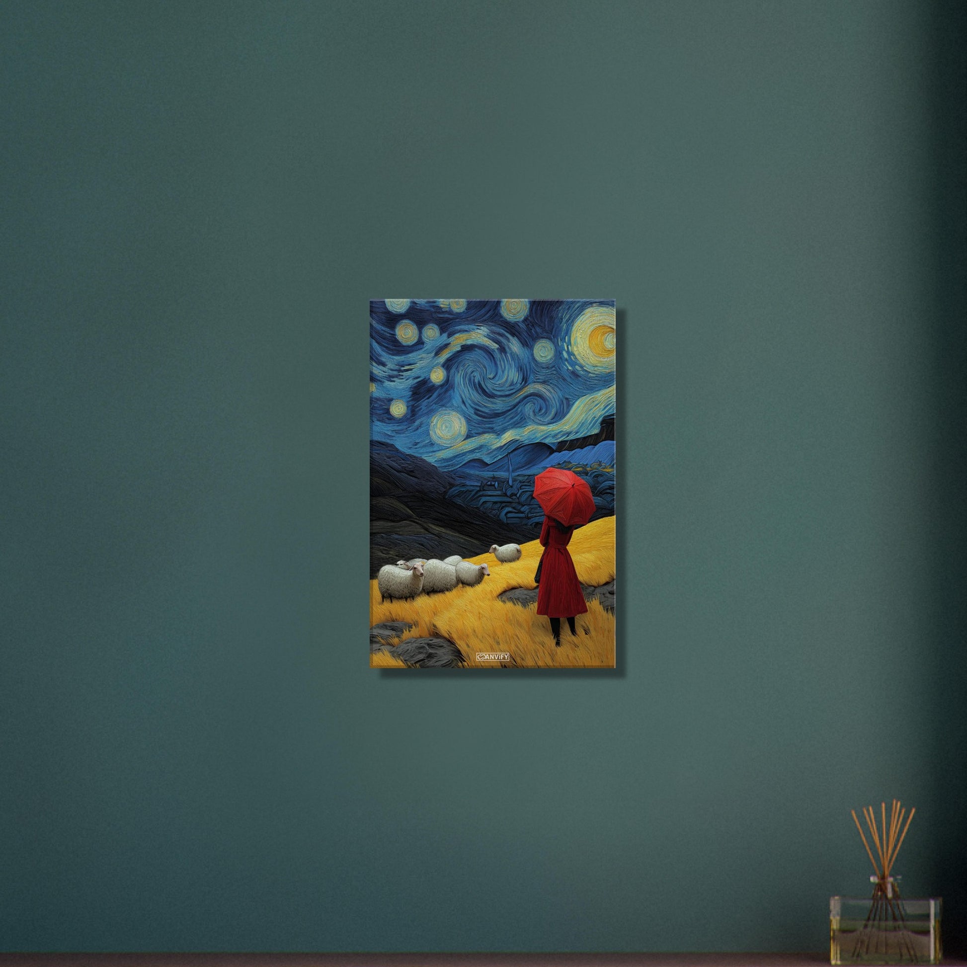 Frau mit rotem Regenschirm im Stil von Vincent van Gogh auf einer Leinwand