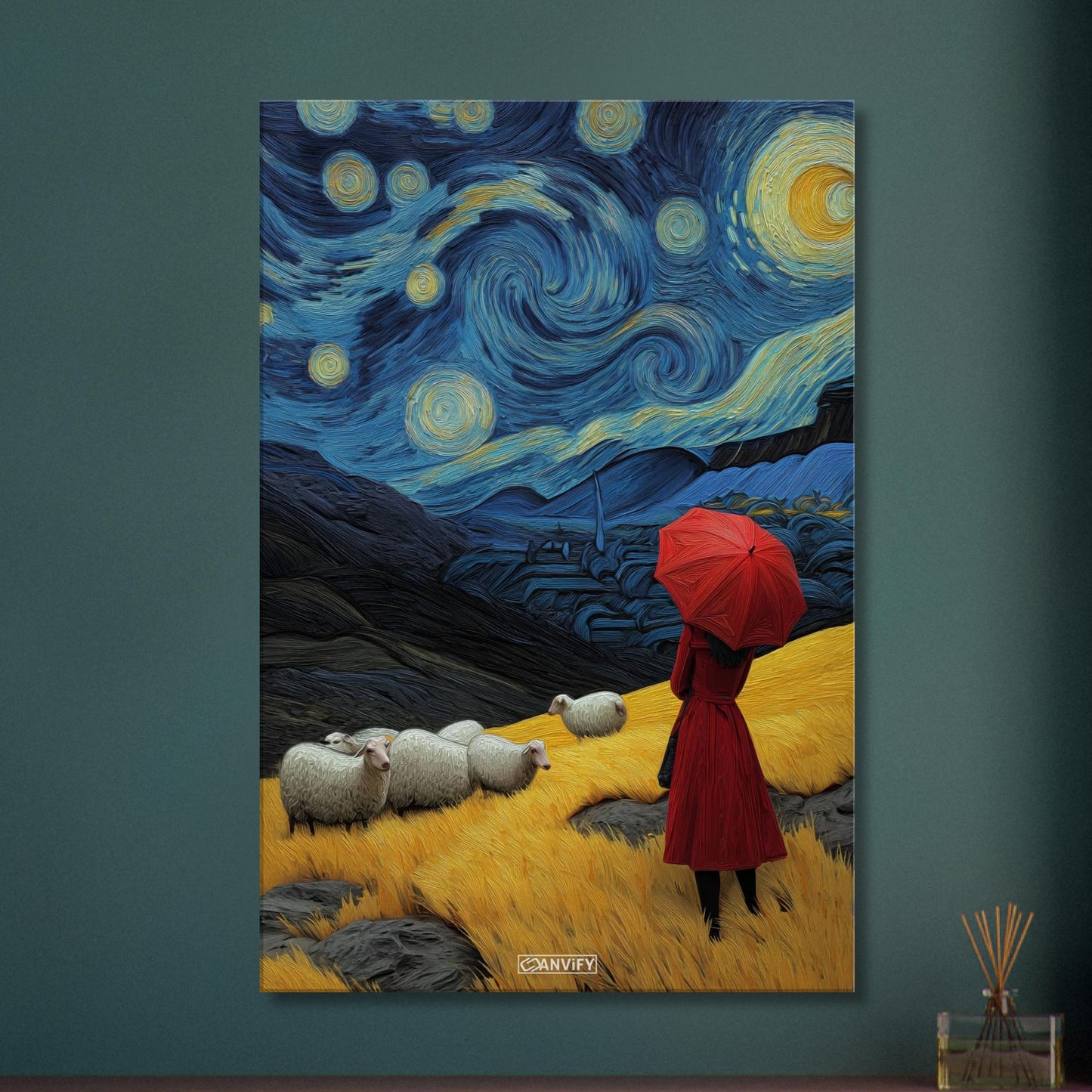 Frau mit rotem Regenschirm im Stil von Vincent van Gogh auf einer Leinwand