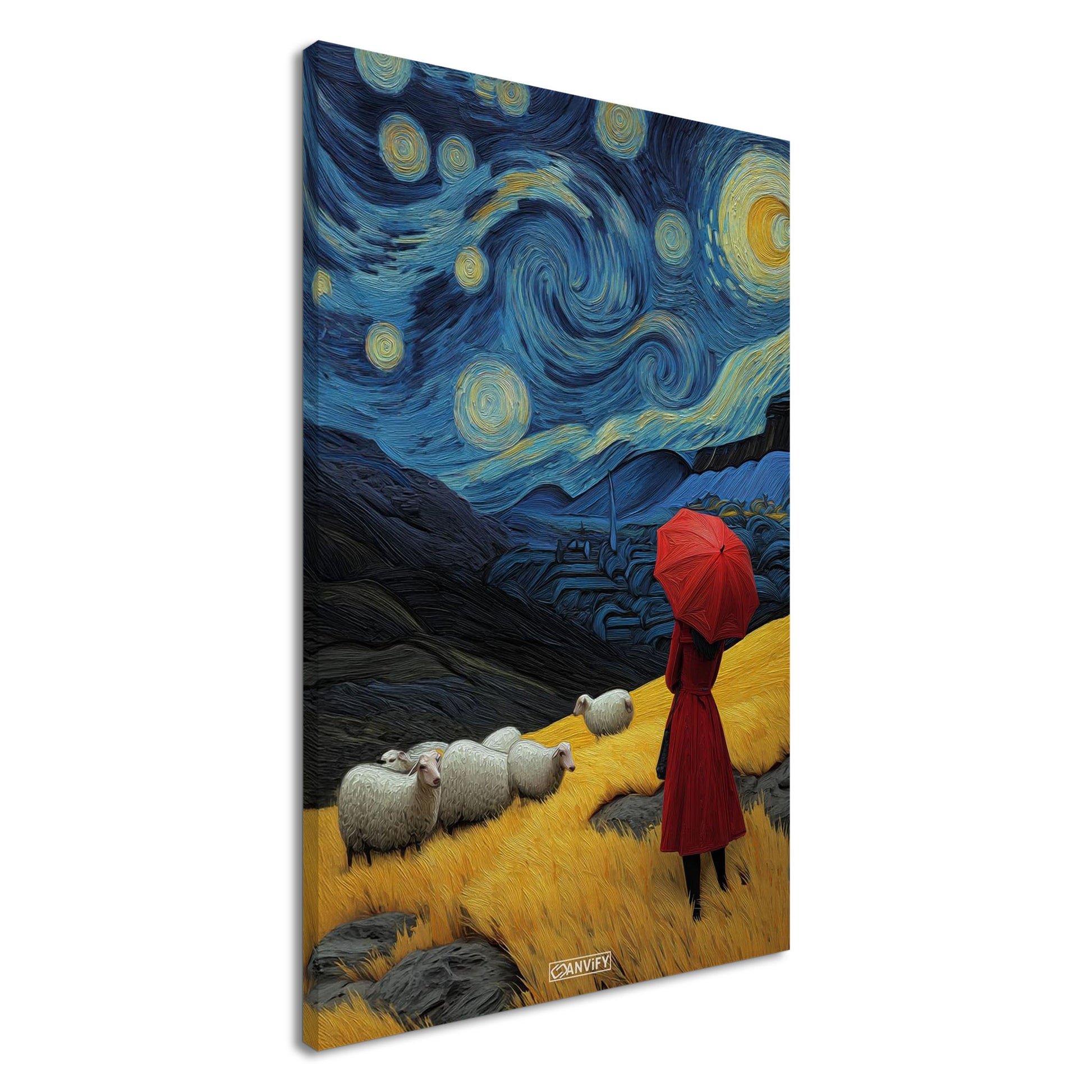 Frau mit rotem Regenschirm im Stil von Vincent van Gogh auf einer Leinwand