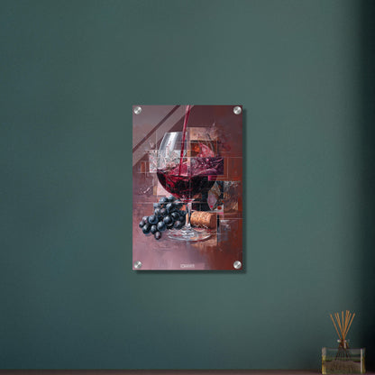 Abstrakt gemaltes Rotweinglas mit Weintrauben auf einem Acrylbild
