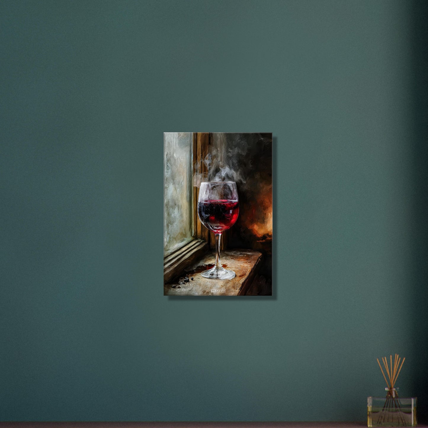 Rotweinglas im romantischen Ambiente in Acrylfarben auf einer Leinwand