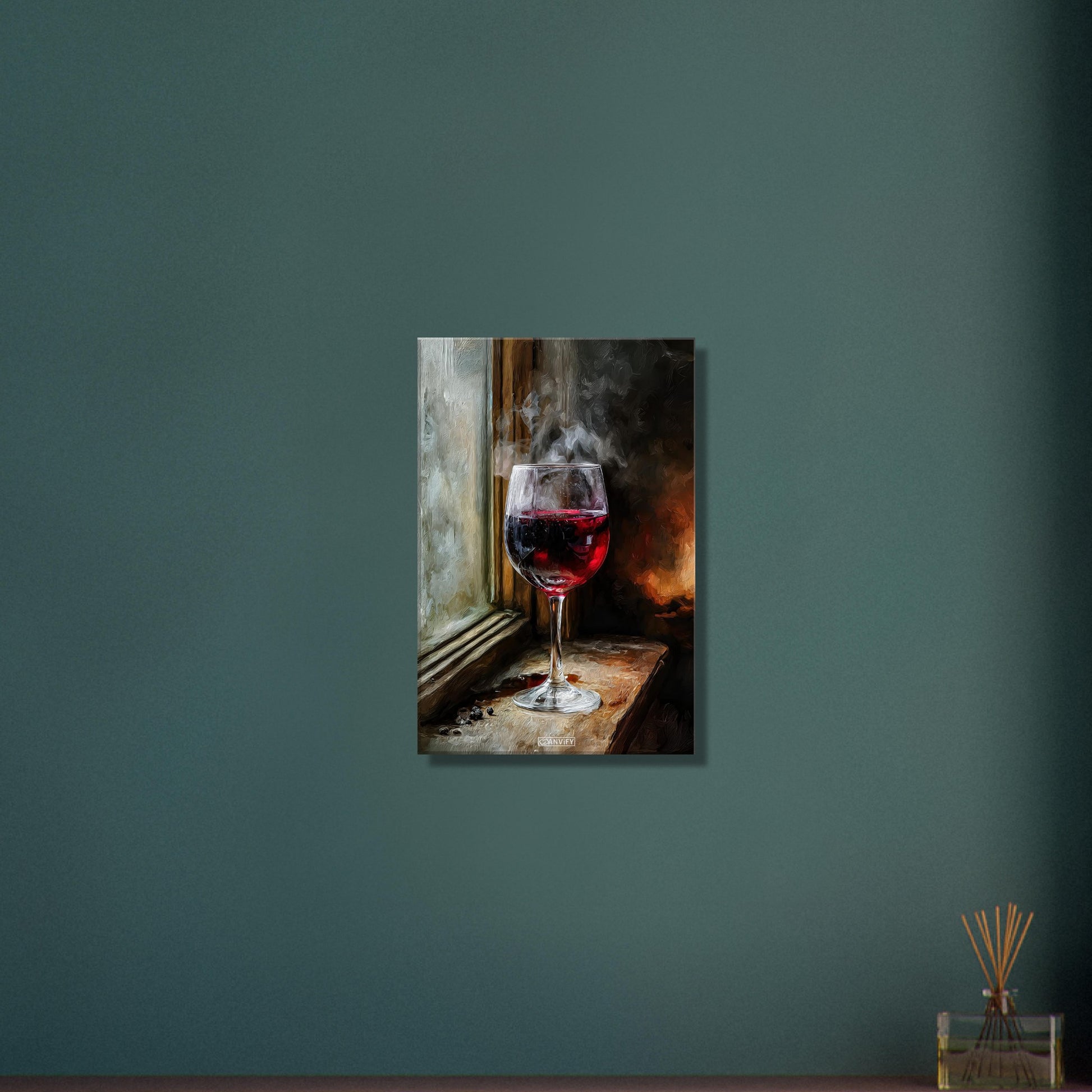 Rotweinglas im romantischen Ambiente in Acrylfarben auf einer Leinwand