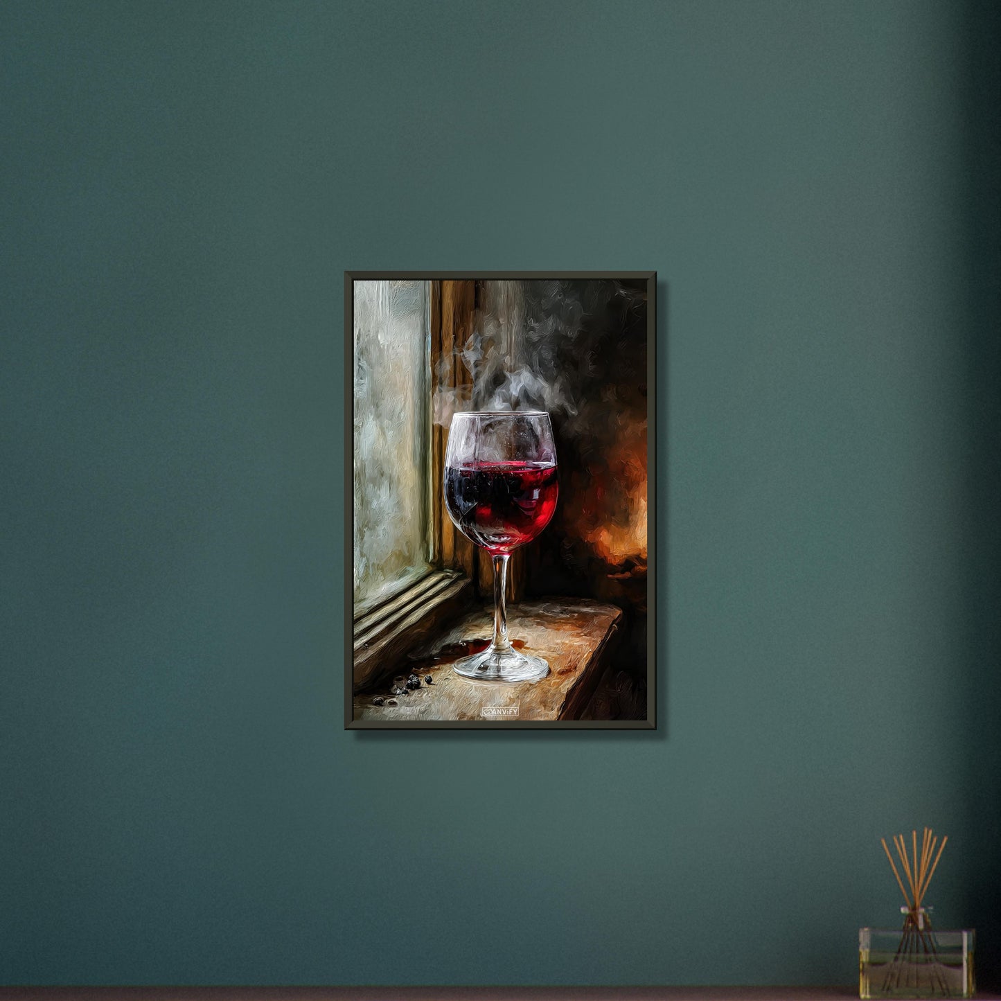Rotweinglas im romantischen Ambiente in Acrylfarben auf einem Poster im Metallrahmen
