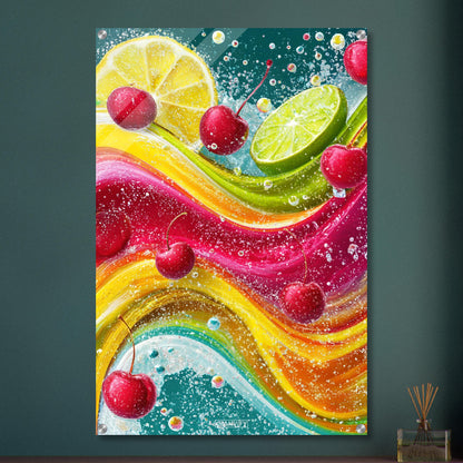 Kirschen, Zitronen und Limetten im Wasser auf einem Acrylbild