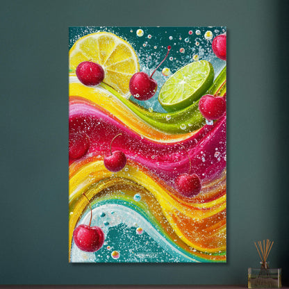Kirschen, Zitronen und Limetten im Wasser auf einer Leinwand