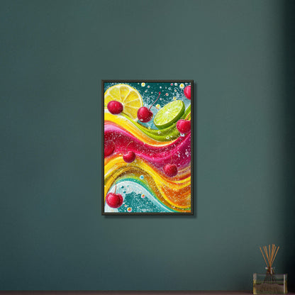 Kirschen, Zitronen und Limetten im Wasser auf einem Poster im Metallrahmen