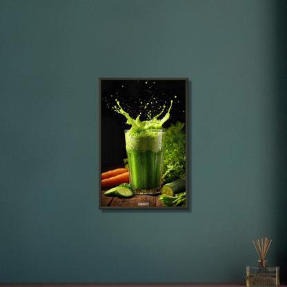 Grüner Saft aus Gurken, Karotten, Spinat und Petersilie auf einem Poster im Metallrahmen