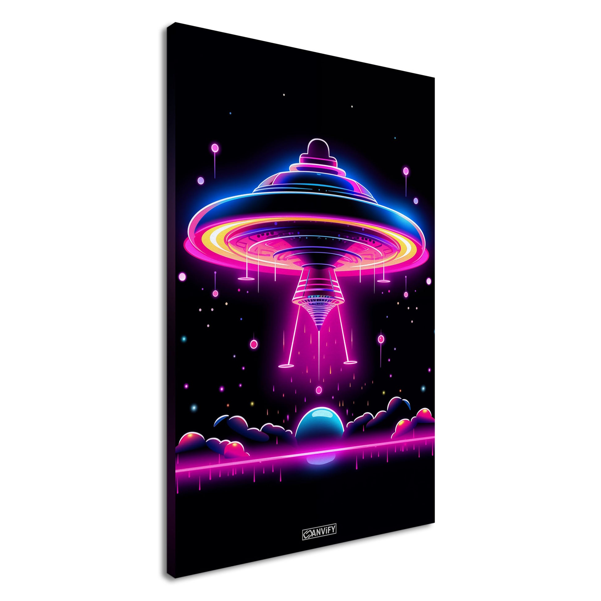 UFO im einfachen Retrodesign in den Farben Blau, Lila und Pink auf einer Leinwand