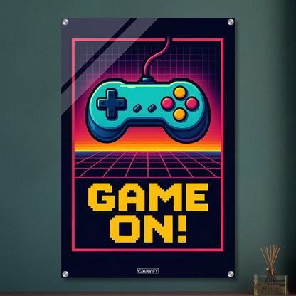 Retro-Spielecontroller mit dem Schriftzug 'Game On!' im Pixel-Art-Stil auf einem Acrylbild