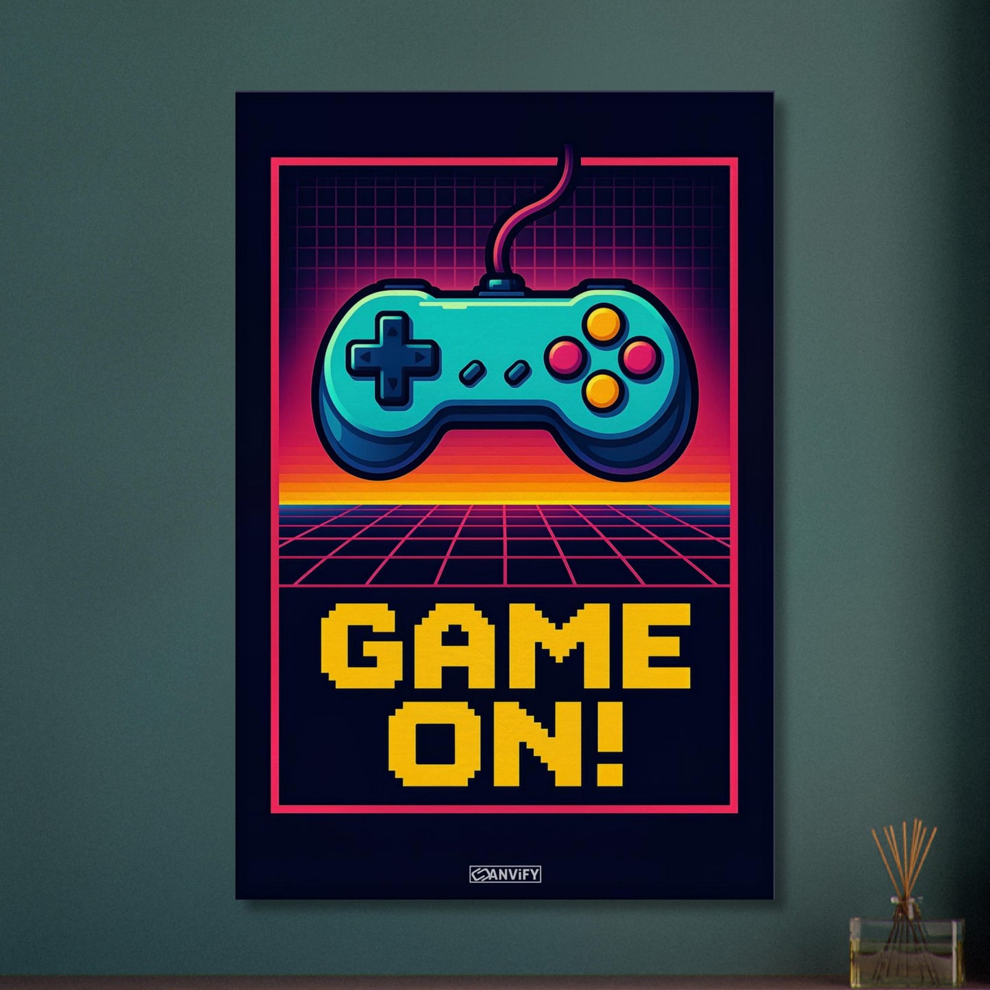 Retro-Spielecontroller mit dem Schriftzug 'Game On!' im Pixel-Art-Stil auf einer Leinwand