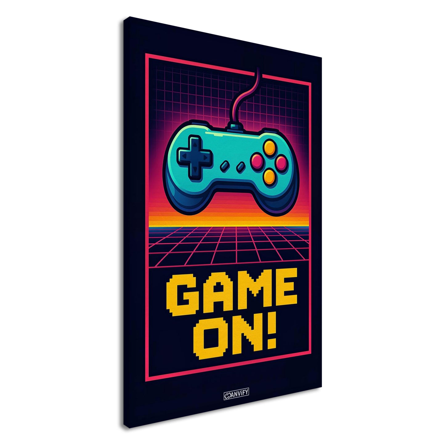 Retro-Spielecontroller mit dem Schriftzug 'Game On!' im Pixel-Art-Stil auf einer Leinwand