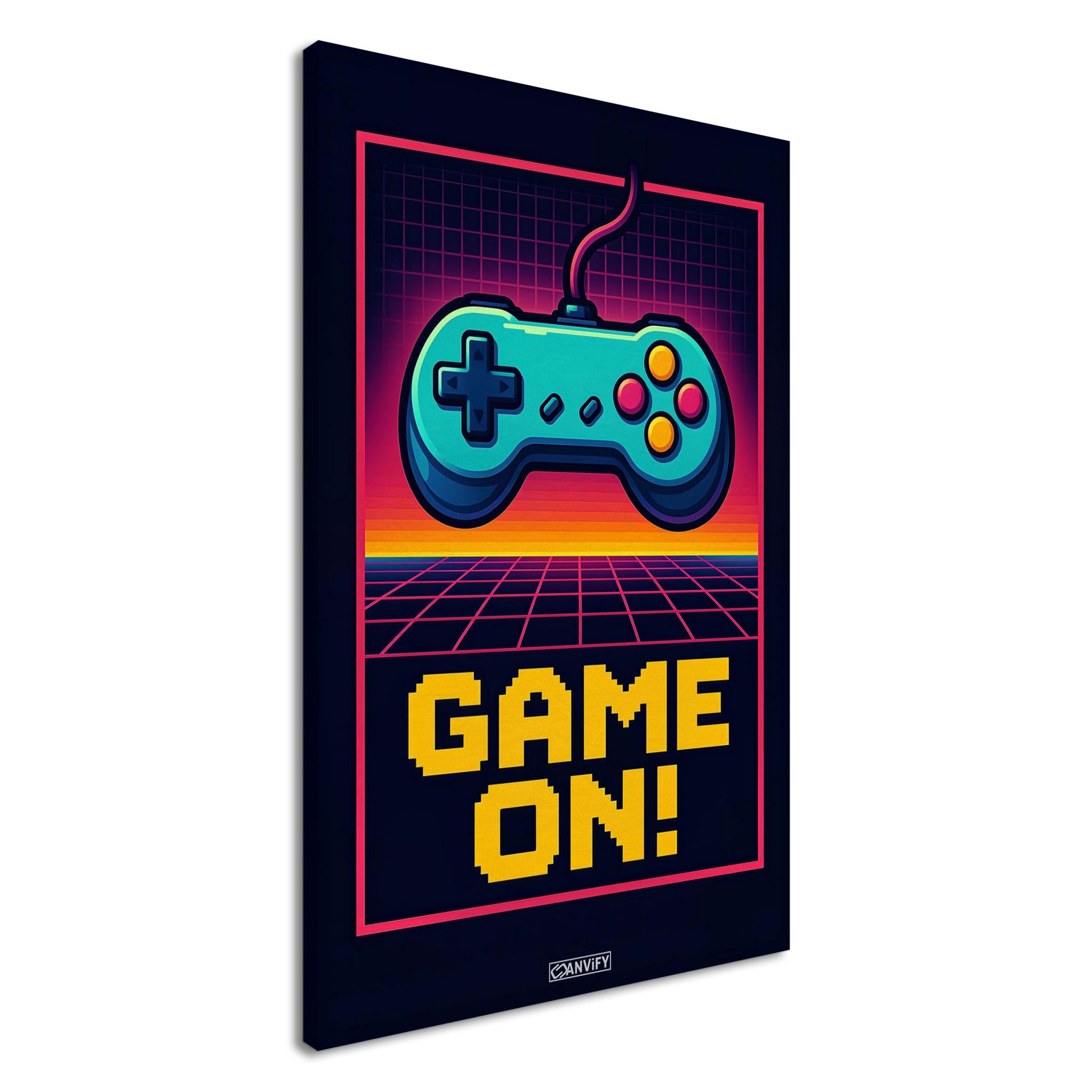 Retro-Spielecontroller mit dem Schriftzug 'Game On!' im Pixel-Art-Stil auf einer Leinwand