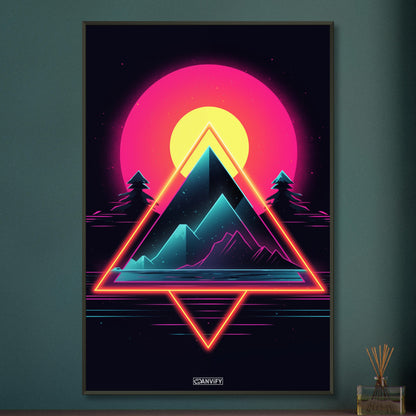 Pyramiden im einfachen Retrodesign und einem Sonnenuntergang auf einem Poster im Metallrahmen