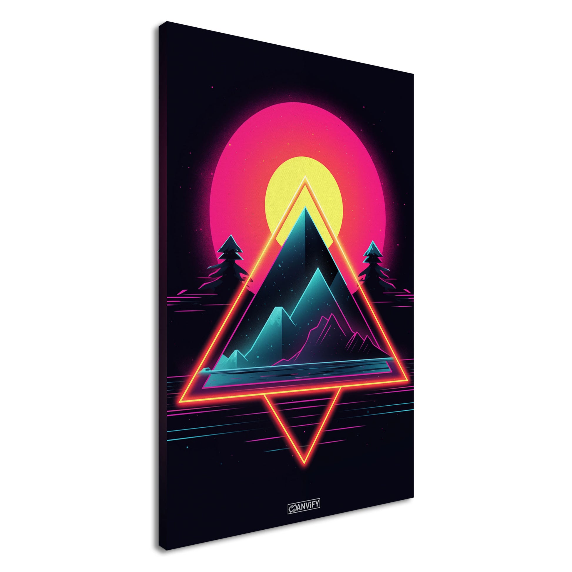 Pyramiden im einfachen Retrodesign und einem Sonnenuntergang auf einer Leinwand