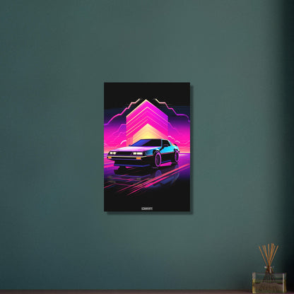 DeLorean DMC-12 aus dem Film Zurück in die Zukunft im einfachen Retrodesign und Blau und Lila Farbtönen auf Aluminium