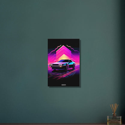 DeLorean DMC-12 aus dem Film Zurück in die Zukunft im einfachen Retrodesign und Blau und Lila Farbtönen auf einer Leinwand